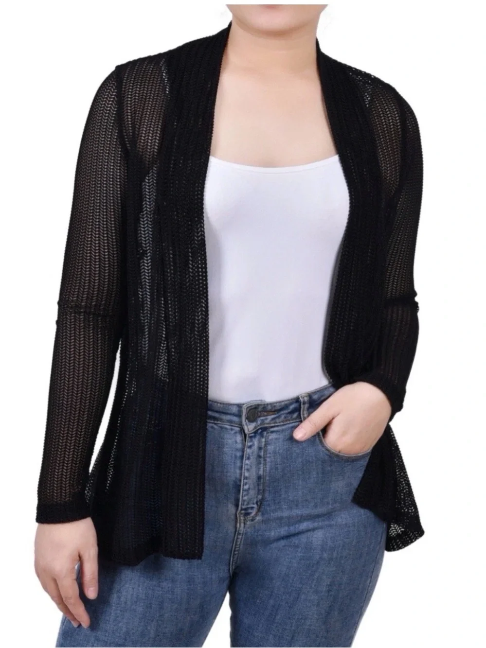 NY Collection Notations Women's Open Knit Cardigan, Black, Small MSRP $44